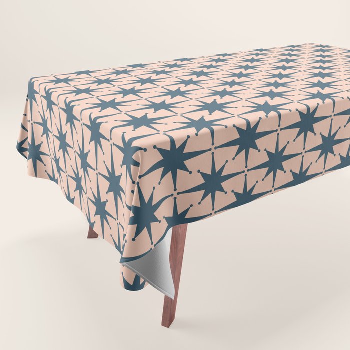 Mid Century Modern Atomic Stars Steel Teal Blue and Pale Blush Pink Pattern Tablecloth Gallery Image 1