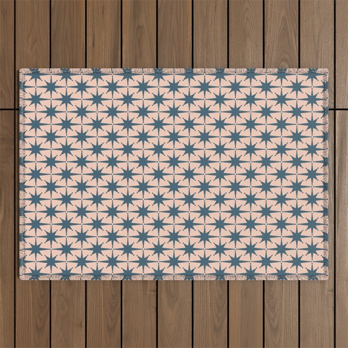 Mid Century Modern Atomic Stars Steel Teal Blue and Pale Blush Pink Pattern Outdoor Rug Gallery Image 1