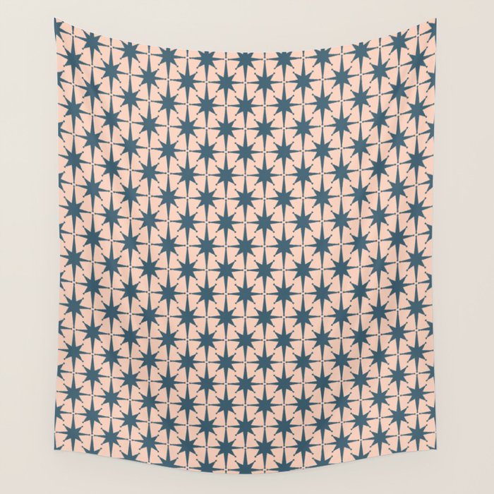 Mid Century Modern Atomic Stars Steel Teal Blue and Pale Blush Pink Pattern Wall Tapestry Gallery Image 1