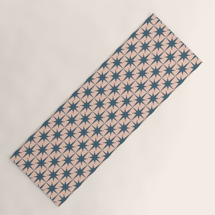 Mid Century Modern Atomic Stars Steel Teal Blue and Pale Blush Pink Pattern Yoga Mat Gallery Image 1