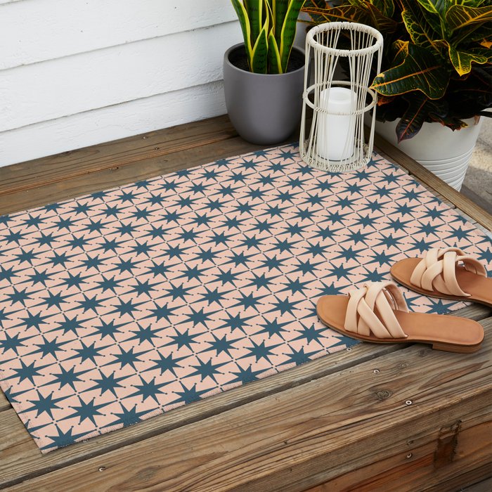 Mid Century Modern Atomic Stars Steel Teal Blue and Pale Blush Pink Pattern Outdoor Rug Gallery Image 2