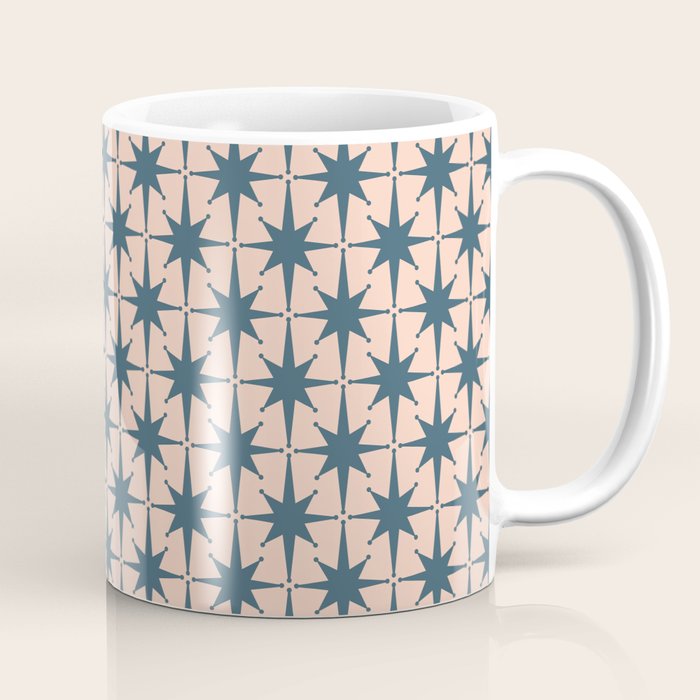 Mid Century Modern Atomic Stars Steel Teal Blue and Pale Blush Pink Pattern Coffee Mug Gallery Image 1