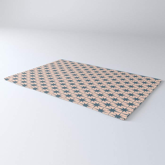 Mid Century Modern Atomic Stars Steel Teal Blue and Pale Blush Pink Pattern Rug Gallery Image 3