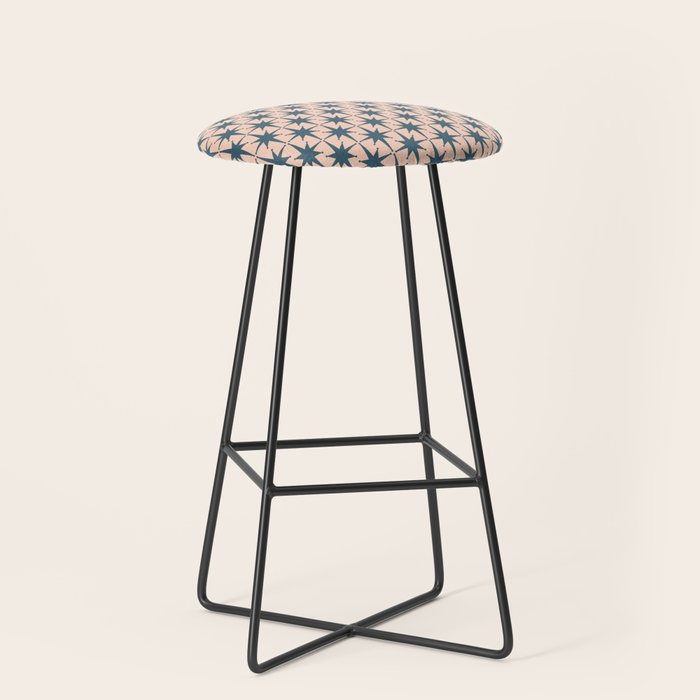 Mid Century Modern Atomic Stars Steel Teal Blue and Pale Blush Pink Pattern Stool Gallery Image 1
