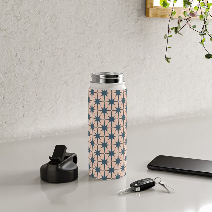 Mid Century Modern Atomic Stars Steel Teal Blue and Pale Blush Pink Pattern Water Bottle Gallery Image 4