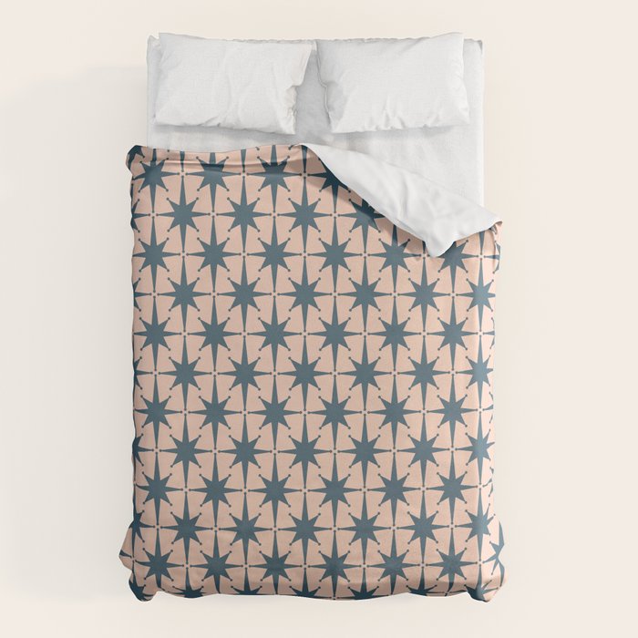 Mid Century Modern Atomic Stars Steel Teal Blue and Pale Blush Pink Pattern Duvet Cover Gallery Image 1