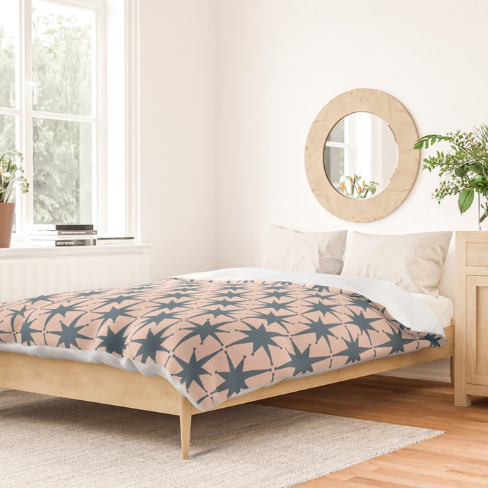 Mid Century Modern Atomic Stars Steel Teal Blue and Pale Blush Pink Pattern Duvet Cover Gallery Image 2