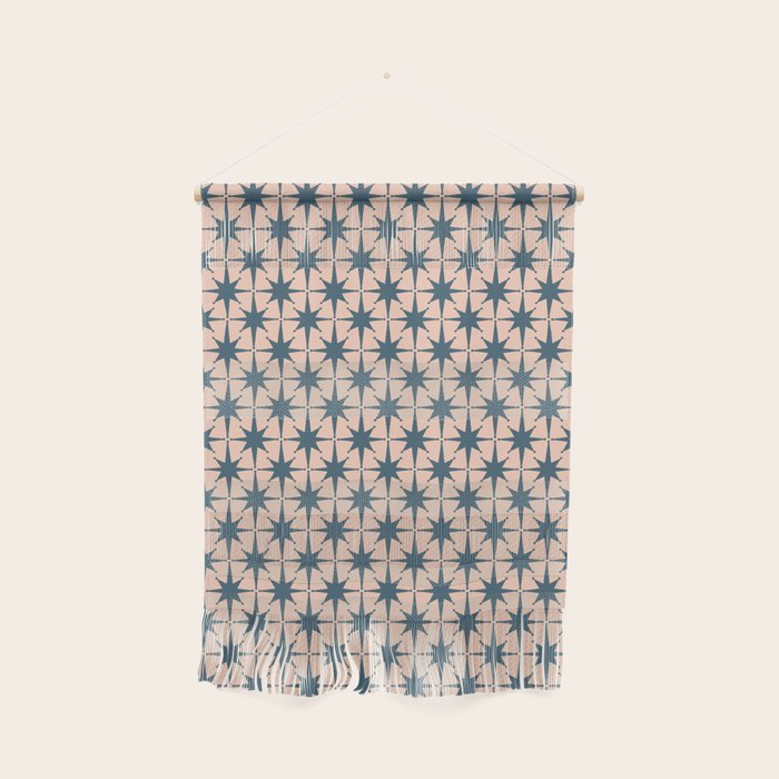 Mid Century Modern Atomic Stars Steel Teal Blue and Pale Blush Pink Pattern Wall Hanging Gallery Image 1
