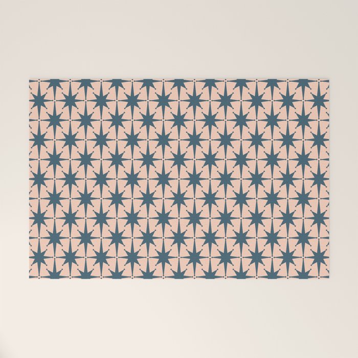 Mid Century Modern Atomic Stars Steel Teal Blue and Pale Blush Pink Pattern Welcome Mat Gallery Image 1