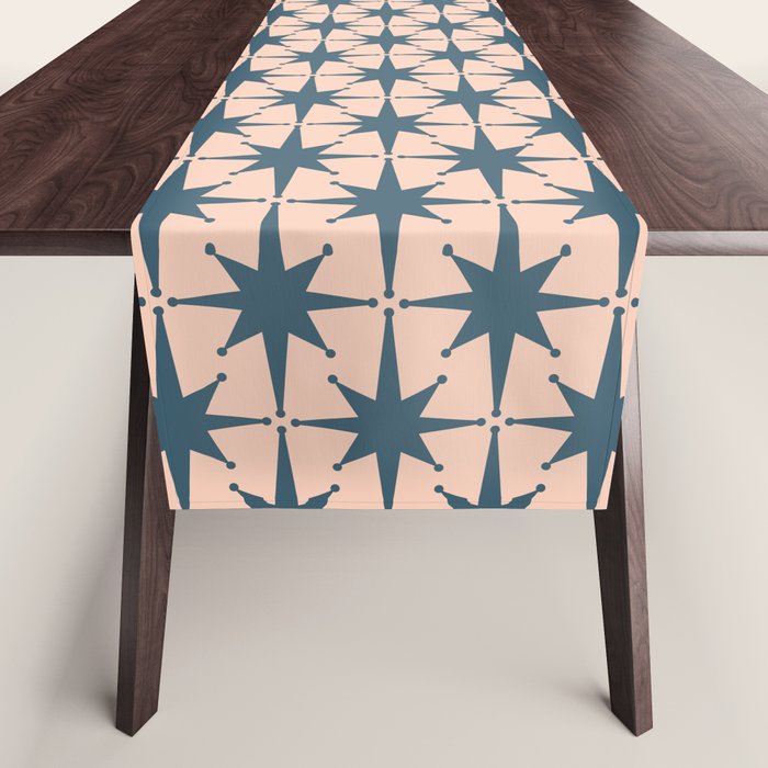 Mid Century Modern Atomic Stars Steel Teal Blue and Pale Blush Pink Pattern Table Runner Gallery Image 1