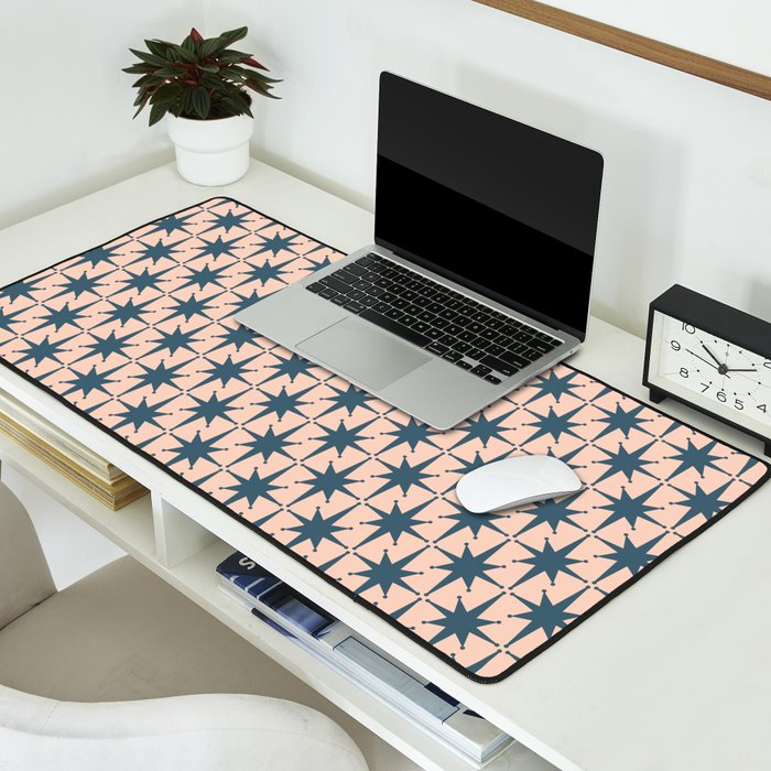 Mid Century Modern Atomic Stars Steel Teal Blue and Pale Blush Pink Pattern Desk Mat Gallery Image 2