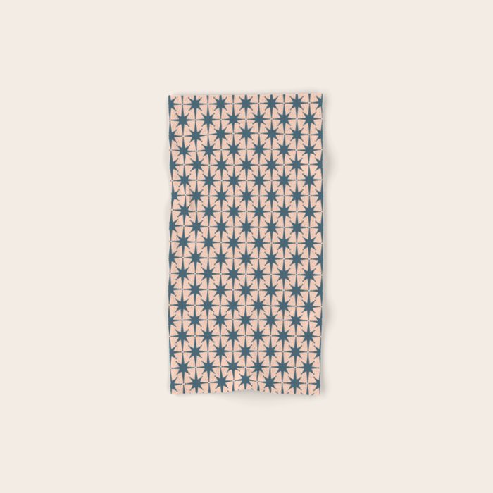 Mid Century Modern Atomic Stars Steel Teal Blue and Pale Blush Pink Pattern Bath Towel Gallery Image 1