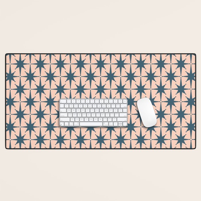 Mid Century Modern Atomic Stars Steel Teal Blue and Pale Blush Pink Pattern Desk Mat Gallery Image 1