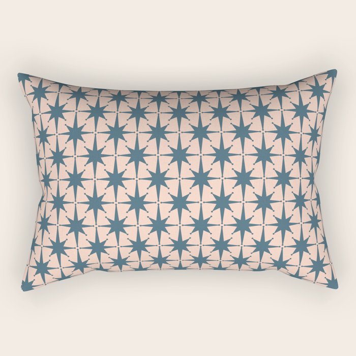 Mid Century Modern Atomic Stars Steel Teal Blue and Pale Blush Pink Pattern Rectangular Pillow Gallery Image 1