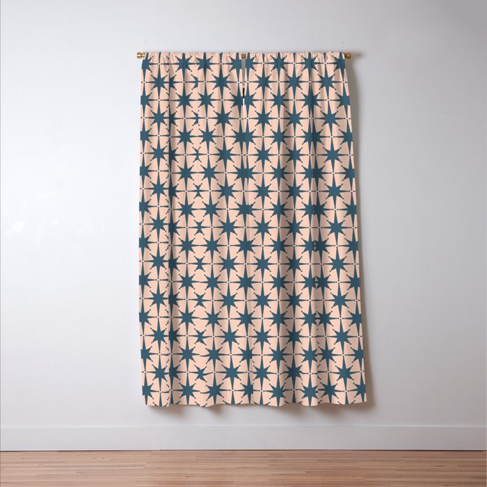 Mid Century Modern Atomic Stars Steel Teal Blue and Pale Blush Pink Pattern Window Curtain Gallery Image 3