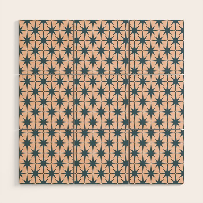 Mid Century Modern Atomic Stars Steel Teal Blue and Pale Blush Pink Pattern Wood Wall Art Gallery Image 1