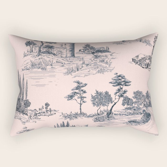 Toile de Jouy Vintage French Blush Pink & Black Pattern Rectangular Pillow Gallery Image 1