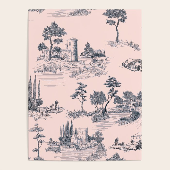 Toile de Jouy Vintage French Blush Pink & Black Pattern Poster Gallery Image 1