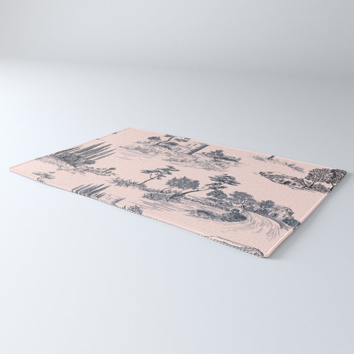 Toile de Jouy Vintage French Blush Pink & Black Pattern Rug Gallery Image 3