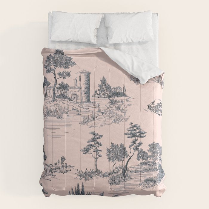 Toile de Jouy Vintage French Blush Pink & Black Pattern Comforter Gallery Image 6