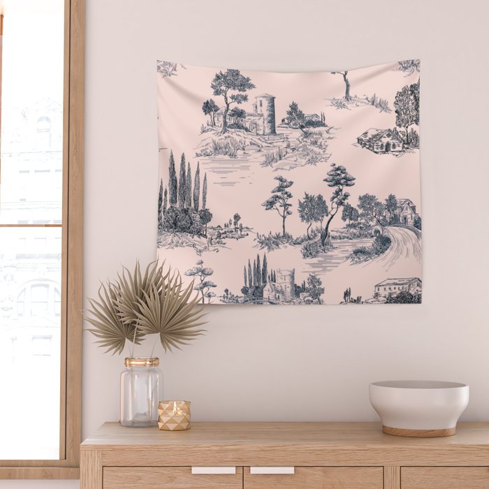 Toile de Jouy Vintage French Blush Pink & Black Pattern Wall Tapestry Gallery Image 2