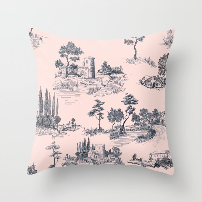 Toile de Jouy Vintage French Blush Pink & Black Pattern Throw Pillow Gallery Image 1