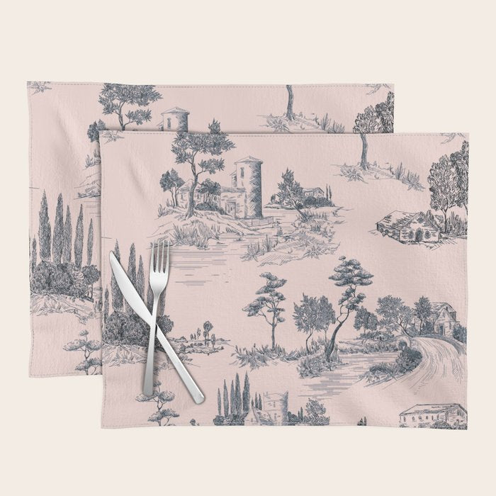 Toile de Jouy Vintage French Blush Pink & Black Pattern Placemat Gallery Image 1