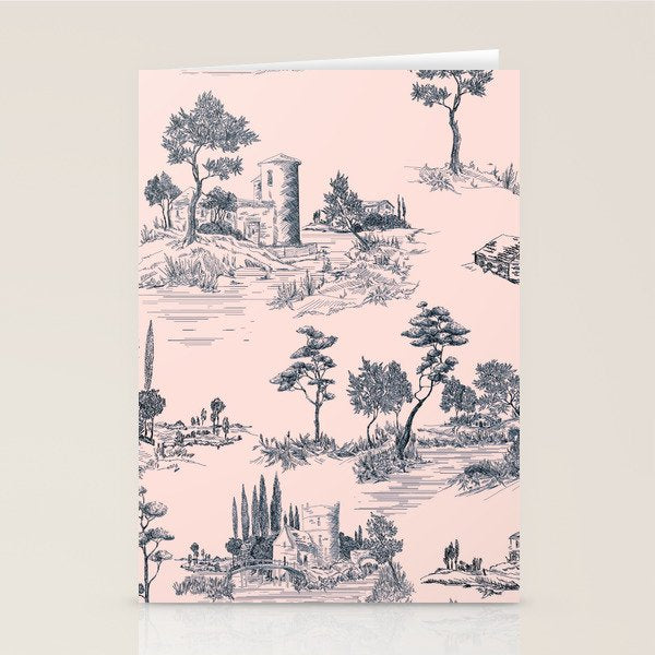 Toile de Jouy Vintage French Blush Pink & Black Pattern Stationery Card Gallery Image 1