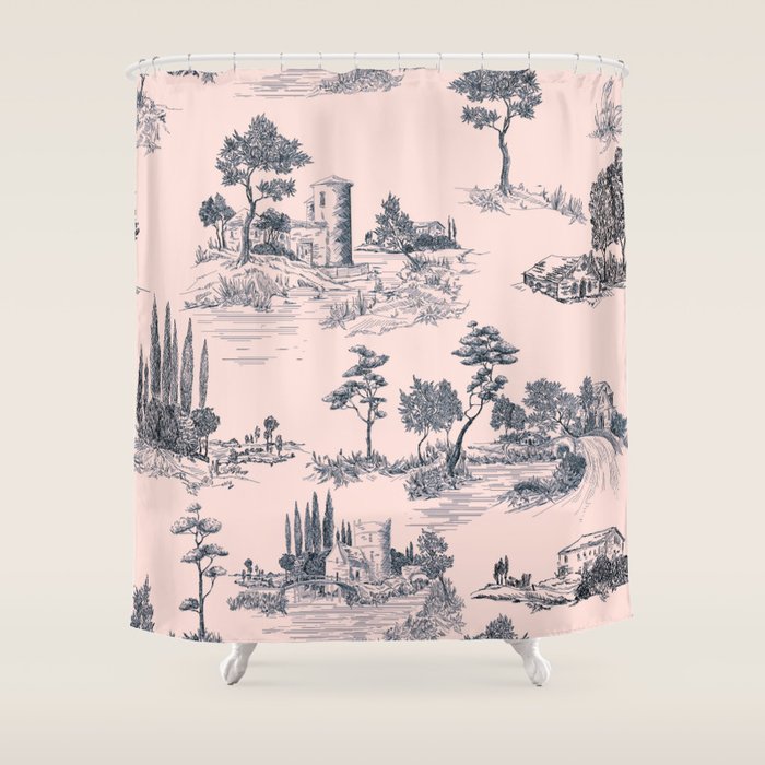 Toile de Jouy Vintage French Blush Pink & Black Pattern Shower Curtain Gallery Image 1
