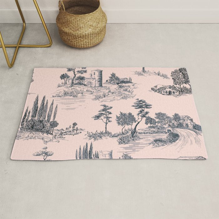 Toile de Jouy Vintage French Blush Pink & Black Pattern Rug Gallery Image 1