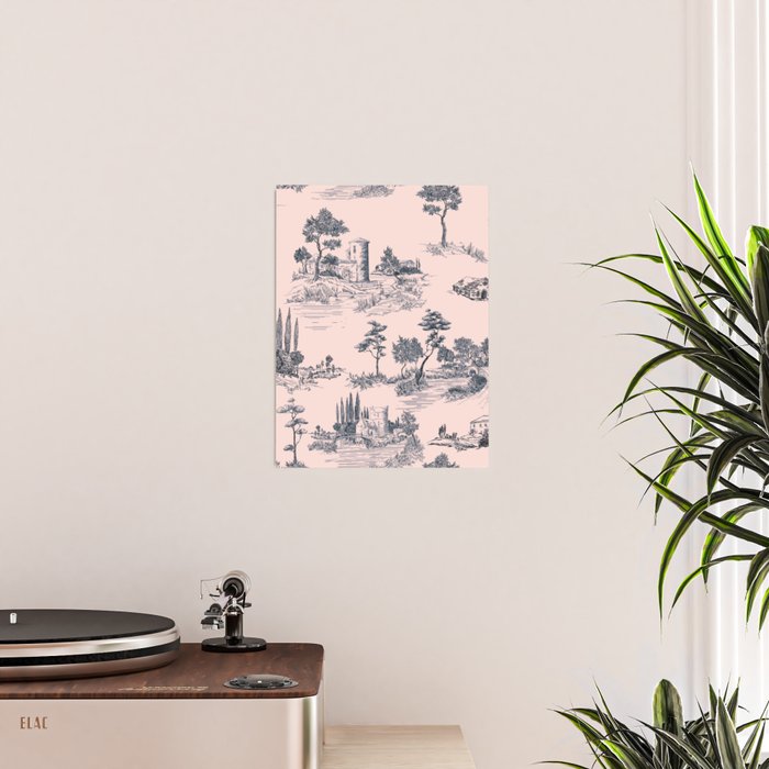 Toile de Jouy Vintage French Blush Pink & Black Pattern Poster Gallery Image 2