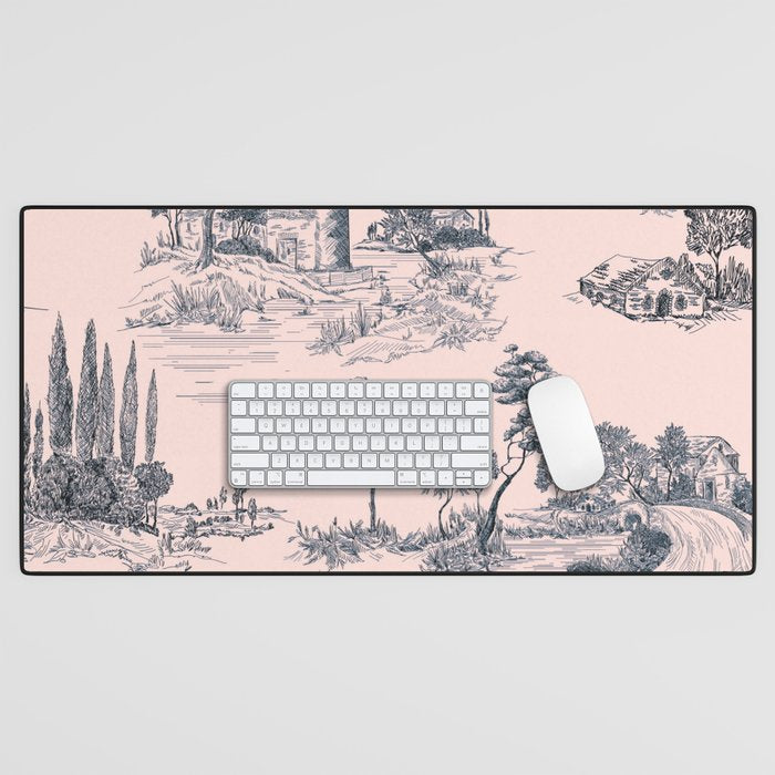 Toile de Jouy Vintage French Blush Pink & Black Pattern Desk Mat Gallery Image 1