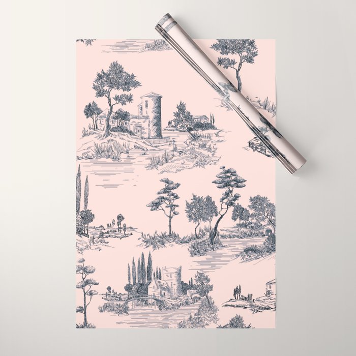Toile de Jouy Vintage French Blush Pink & Black Pattern Wrapping Paper Gallery Image 1
