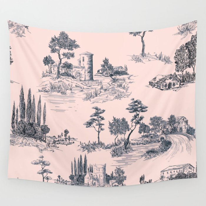 Toile de Jouy Vintage French Blush Pink & Black Pattern Wall Tapestry Gallery Image 4