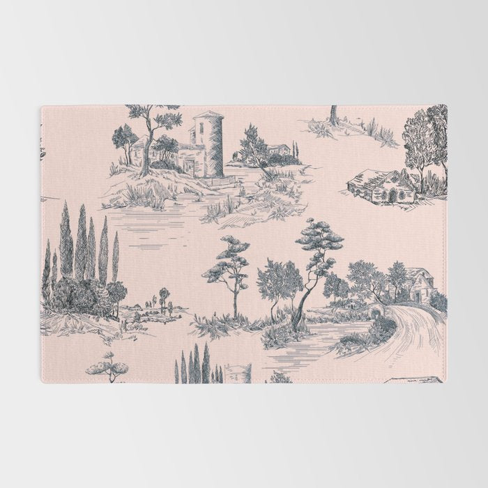 Toile de Jouy Vintage French Blush Pink & Black Pattern Rug Gallery Image 2