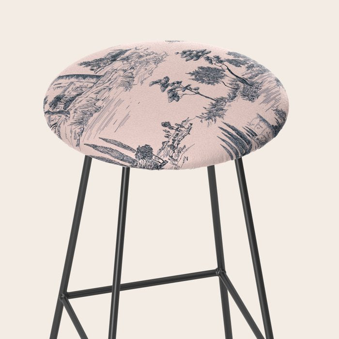 Toile de Jouy Vintage French Blush Pink & Black Pattern Stool Gallery Image 2
