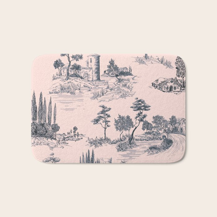 Toile de Jouy Vintage French Blush Pink & Black Pattern Bath Mat Gallery Image 1