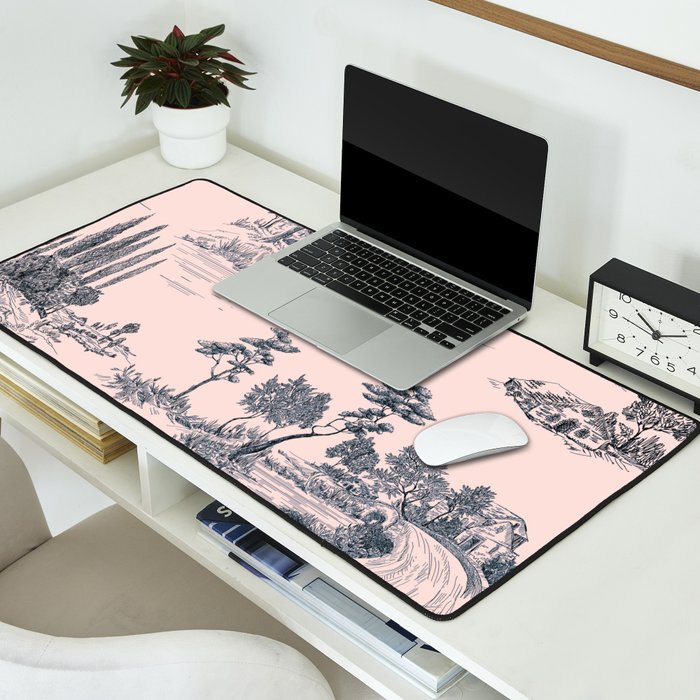 Toile de Jouy Vintage French Blush Pink & Black Pattern Desk Mat Gallery Image 2