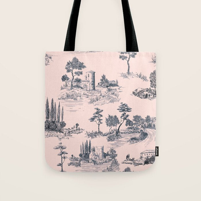 Toile de Jouy Vintage French Blush Pink & Black Pattern Tote Bag Gallery Image 1