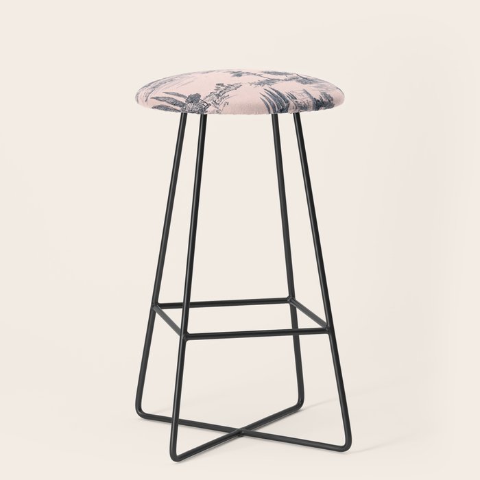 Toile de Jouy Vintage French Blush Pink & Black Pattern Stool Gallery Image 1