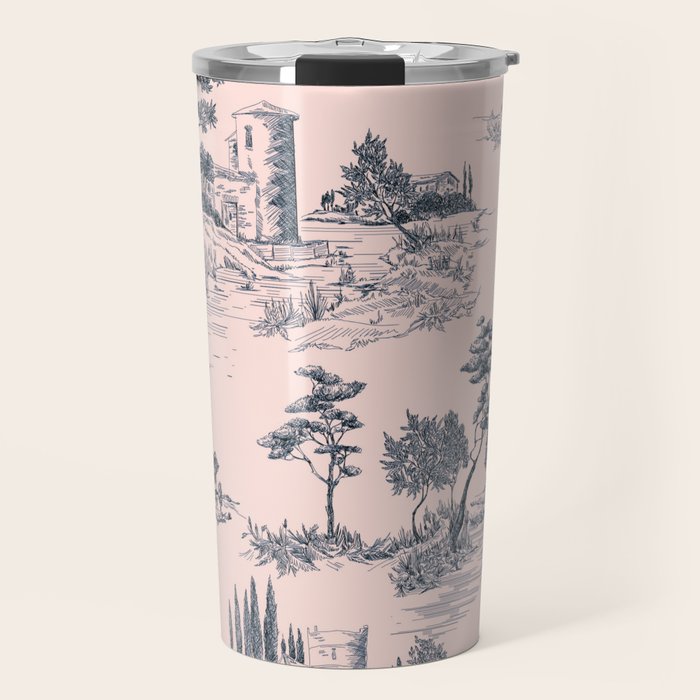 Toile de Jouy Vintage French Blush Pink & Black Pattern Travel Mug Gallery Image 1