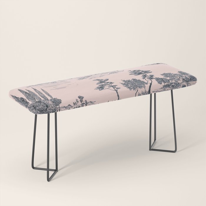 Toile de Jouy Vintage French Blush Pink & Black Pattern Bench Gallery Image 1