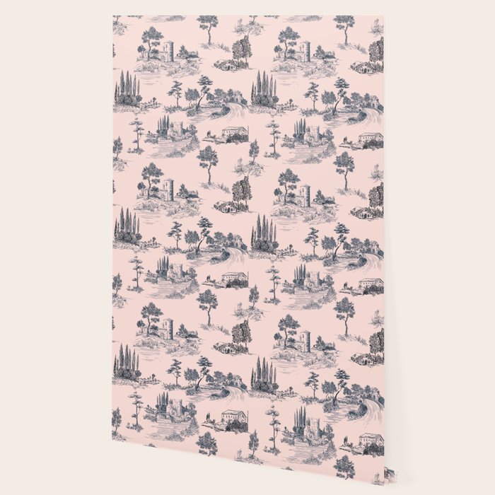 Toile de Jouy Vintage French Blush Pink & Black Pattern Wallpaper Gallery Image 2