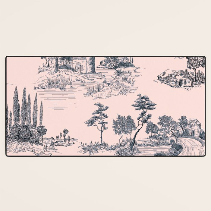Toile de Jouy Vintage French Blush Pink & Black Pattern Desk Mat Gallery Image 3
