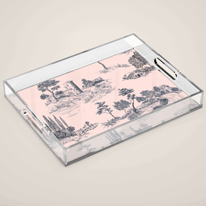 Toile de Jouy Vintage French Blush Pink & Black Pattern Acrylic Tray Gallery Image 1