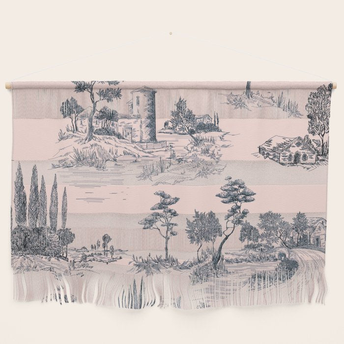 Toile de Jouy Vintage French Blush Pink & Black Pattern Wall Hanging Gallery Image 1