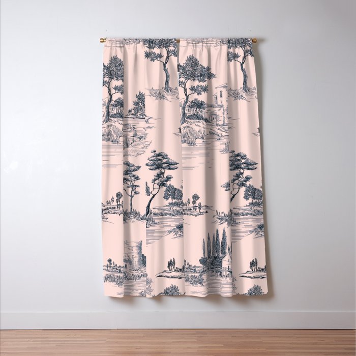 Toile de Jouy Vintage French Blush Pink & Black Pattern Window Curtain Gallery Image 3