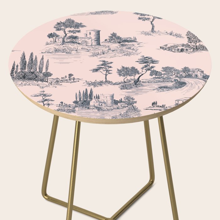 Toile de Jouy Vintage French Blush Pink & Black Pattern Side Table Gallery Image 2