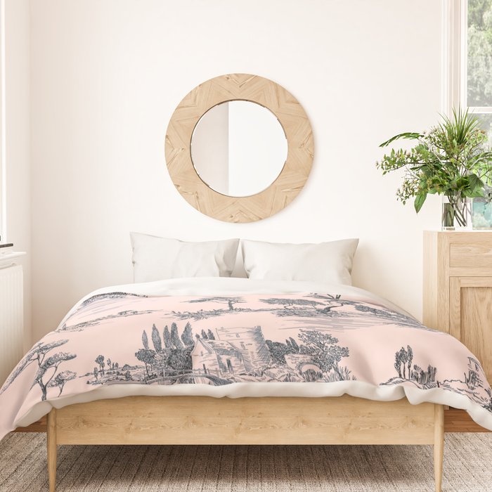 Toile de Jouy Vintage French Blush Pink & Black Pattern Duvet Cover Gallery Image 3