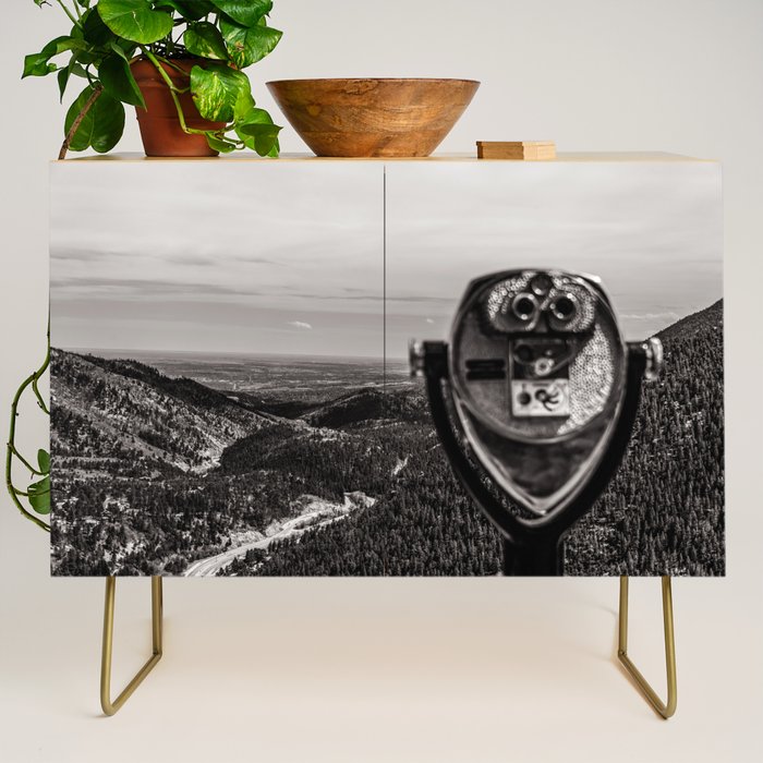 Mountain Tourist Binoculars Black and White Credenza Gallery Image 1